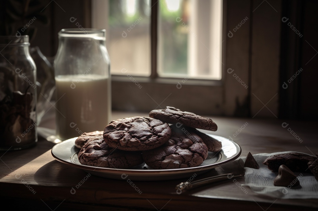 Deliciosos biscoitos de chocolates caseiros na mesa de madeira rústica