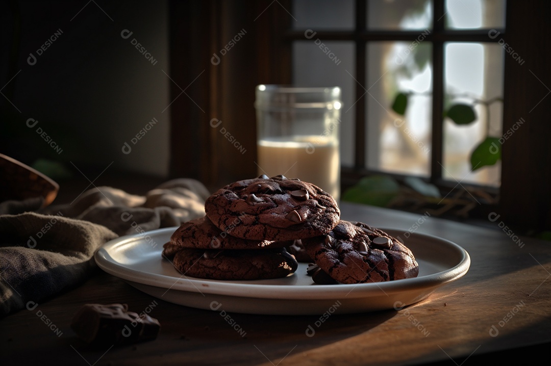 Deliciosos biscoitos de chocolates caseiros na mesa de madeira rústica