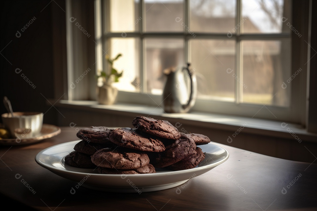 Deliciosos biscoitos de chocolates caseiros na mesa de madeira rústica