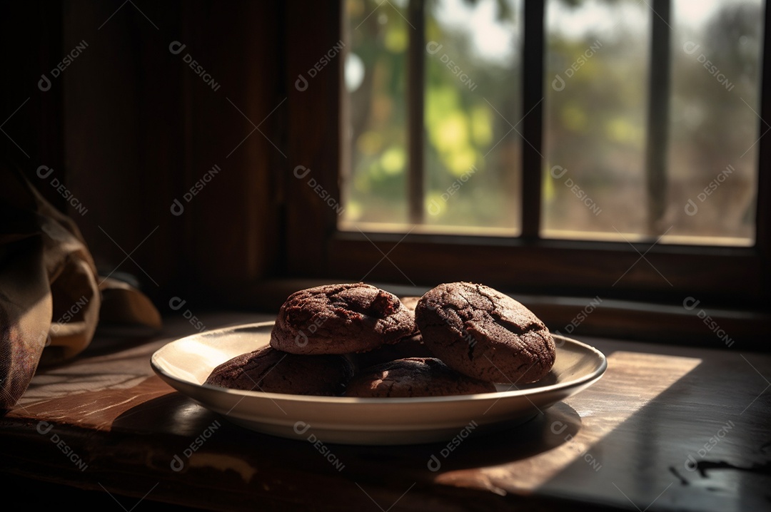 Deliciosos biscoitos de chocolates caseiros na mesa de madeira rústica