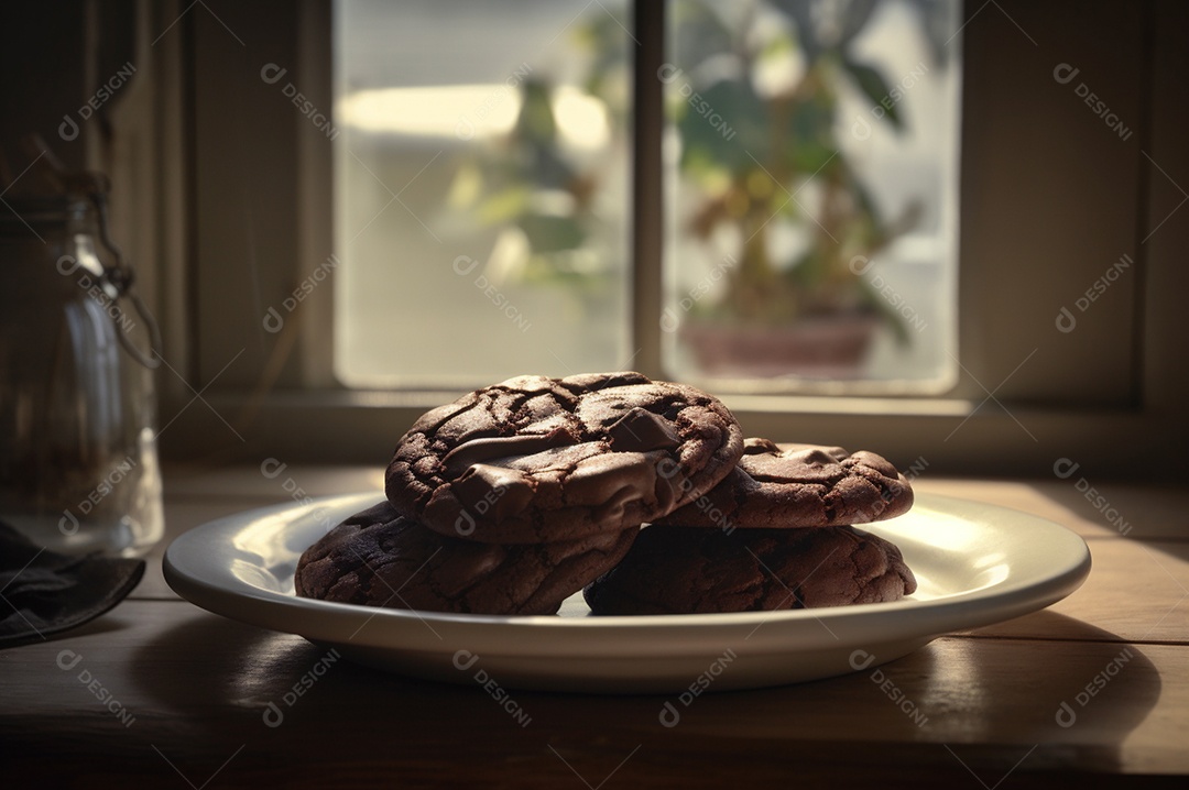 Deliciosos biscoitos de chocolates caseiros na mesa de madeira rústica