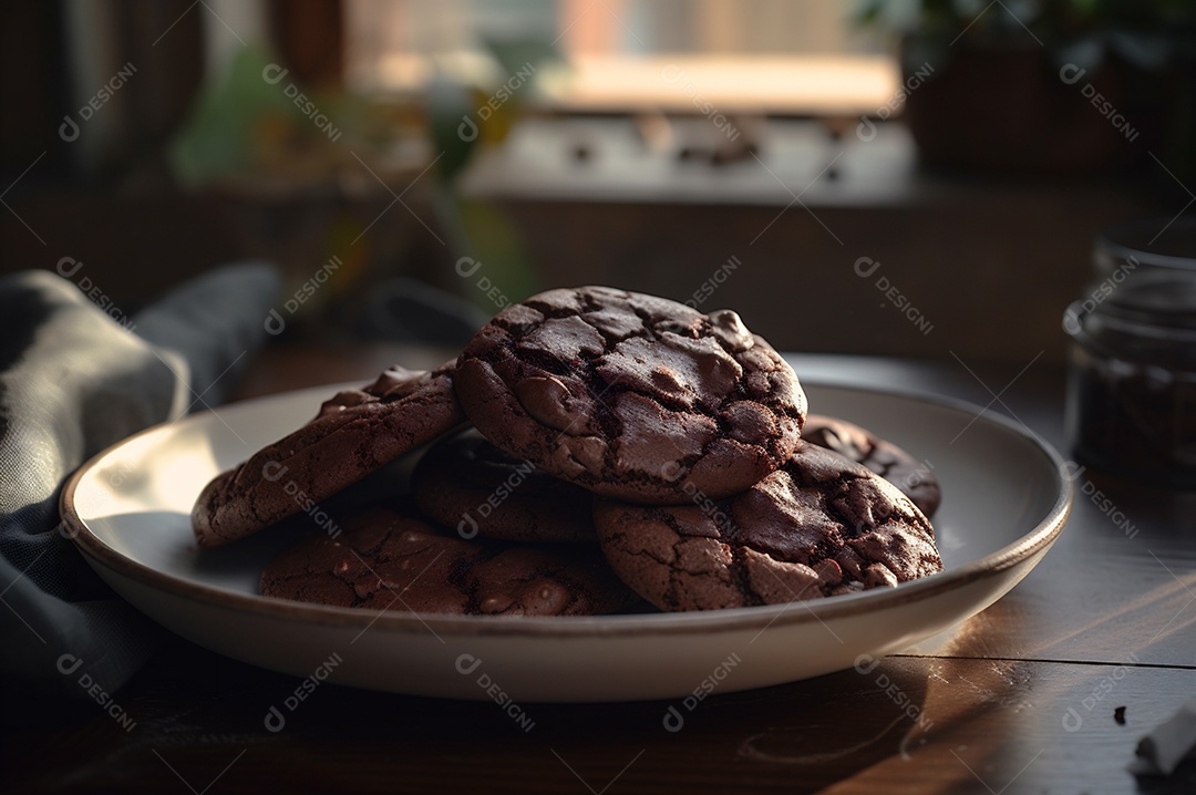 Deliciosos biscoitos de chocolates caseiros na mesa de madeira rústica
