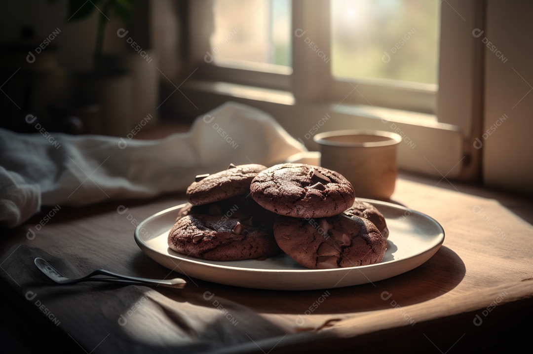 Deliciosos biscoitos de chocolates caseiros na mesa de madeira rústica