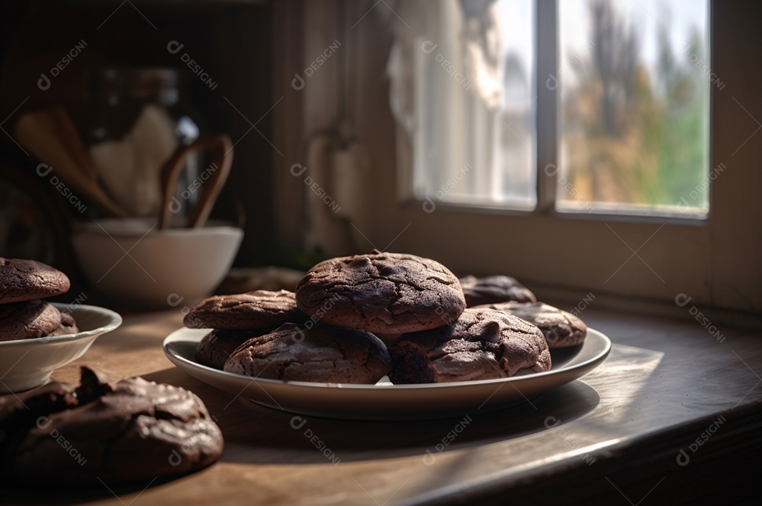 Deliciosos biscoitos de chocolates caseiros na mesa de madeira rústica