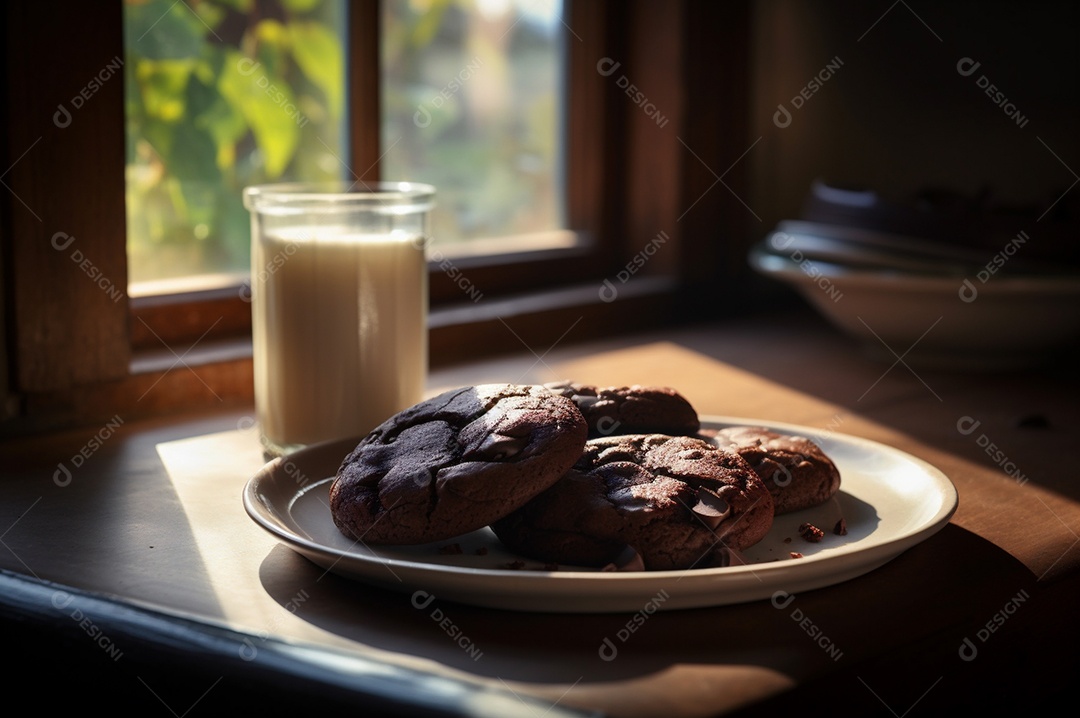 Deliciosos biscoitos de chocolates caseiros na mesa de madeira rústica