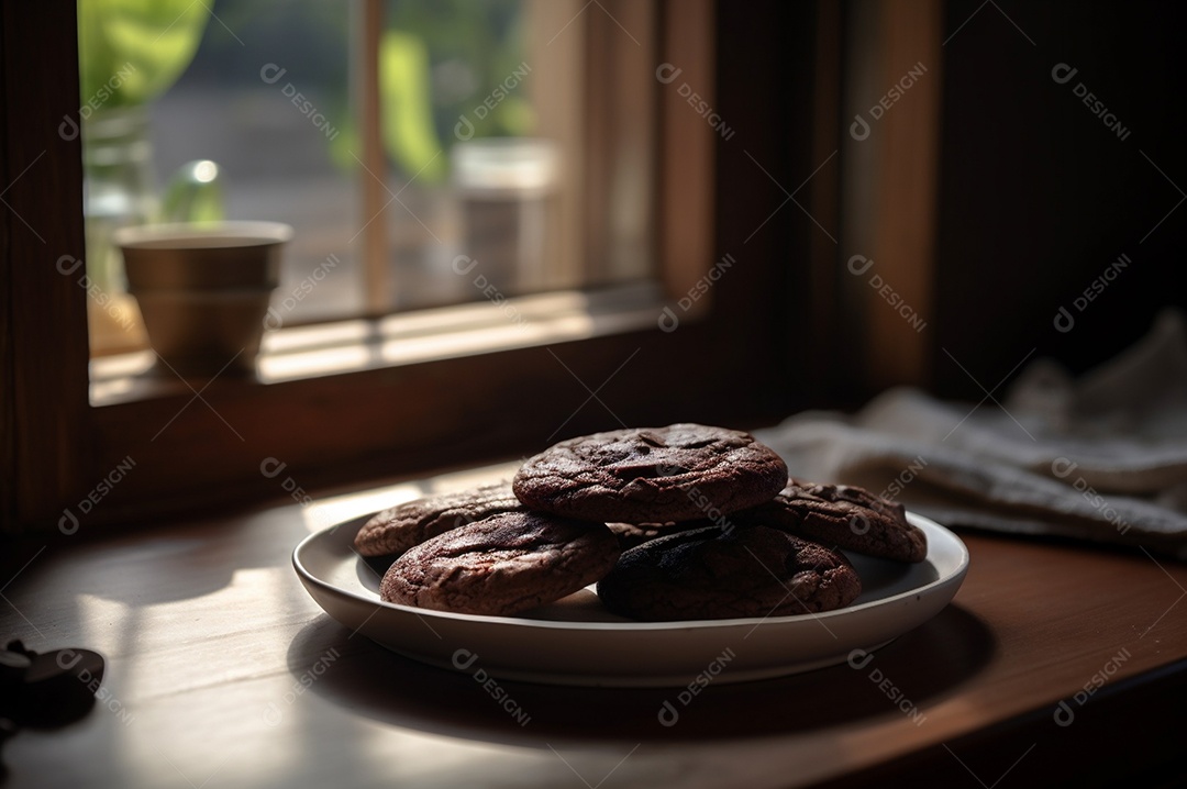 Deliciosos biscoitos de chocolates caseiros na mesa de madeira rústica