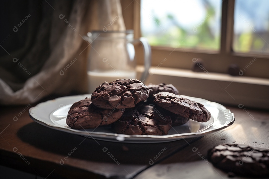 Deliciosos biscoitos de chocolates caseiros na mesa de madeira rústica