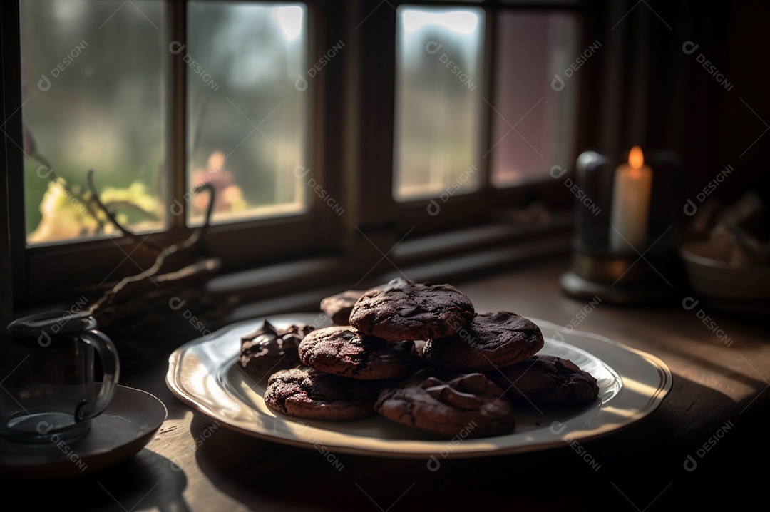 Deliciosos biscoitos de chocolates caseiros na mesa de madeira rústica