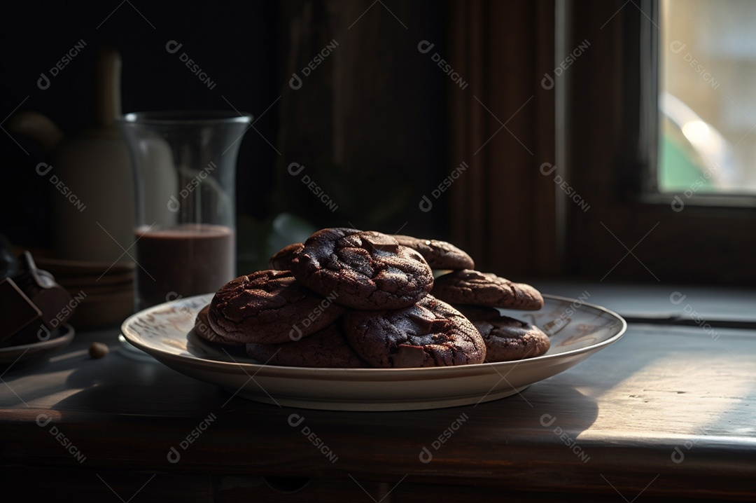 Deliciosos biscoitos de chocolates caseiros na mesa de madeira rústica