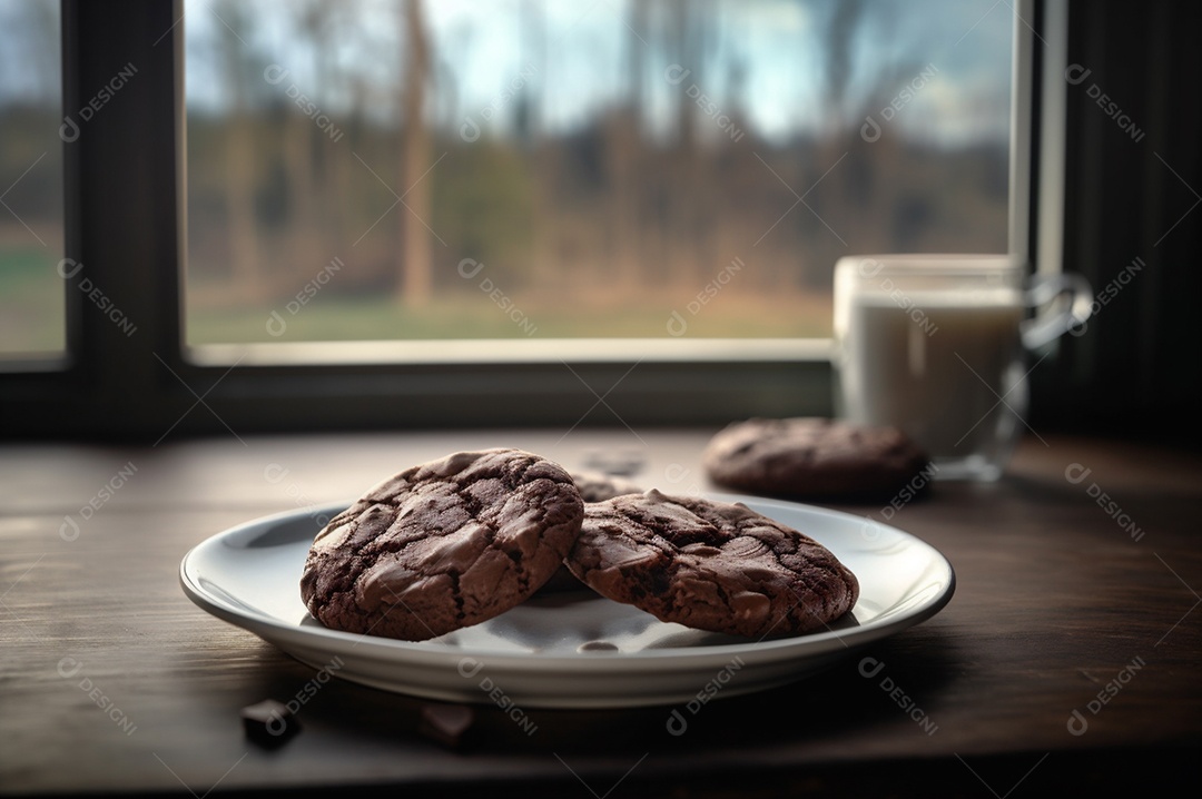 Deliciosos biscoitos de chocolates caseiros na mesa de madeira rústica