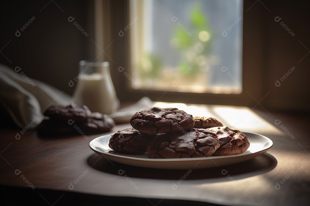 Deliciosos biscoitos de chocolates caseiros na mesa de madeira rústica