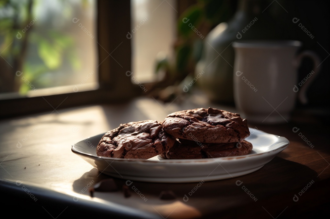 Deliciosos biscoitos de chocolates caseiros na mesa de madeira rústica