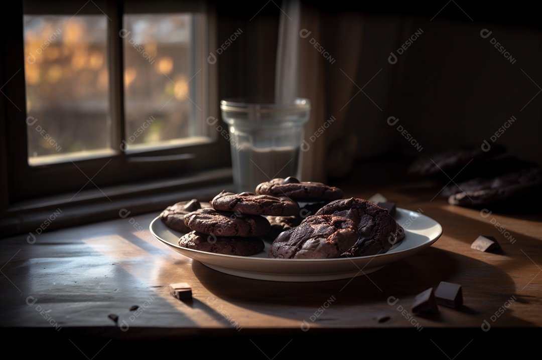 Deliciosos biscoitos de chocolates caseiros na mesa de madeira rústica