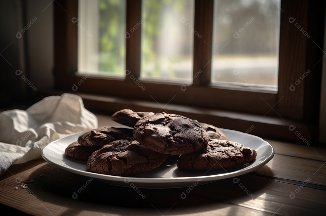 Deliciosos biscoitos de chocolates caseiros na mesa de madeira rústica