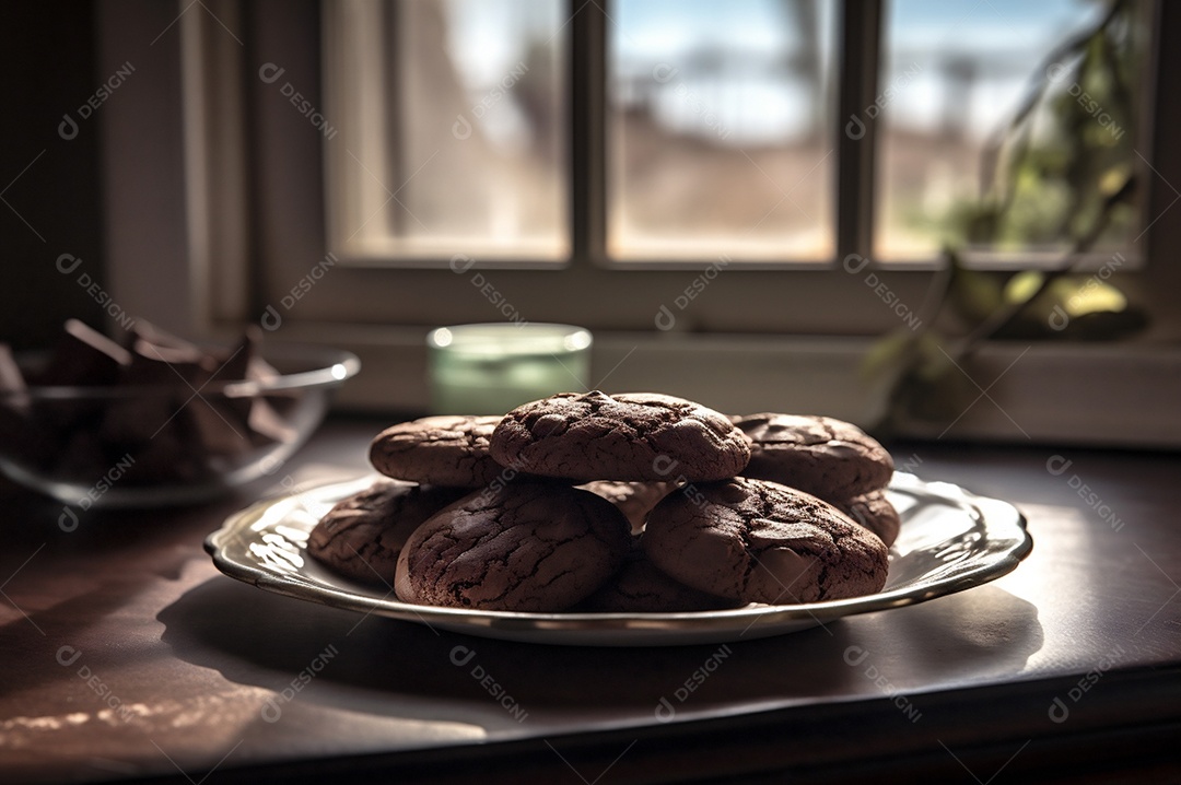Deliciosos biscoitos de chocolates caseiros na mesa de madeira rústica
