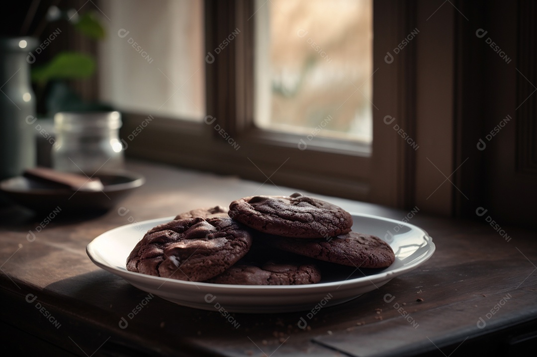 Deliciosos biscoitos de chocolates caseiros na mesa de madeira rústica