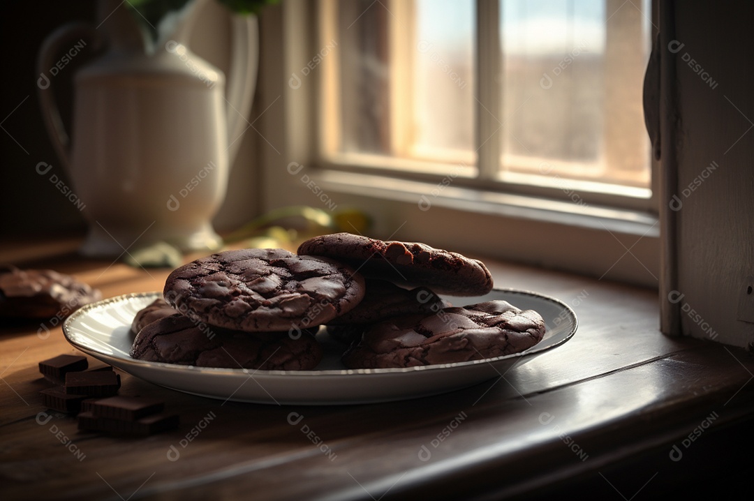Deliciosos biscoitos de chocolates caseiros na mesa de madeira rústica