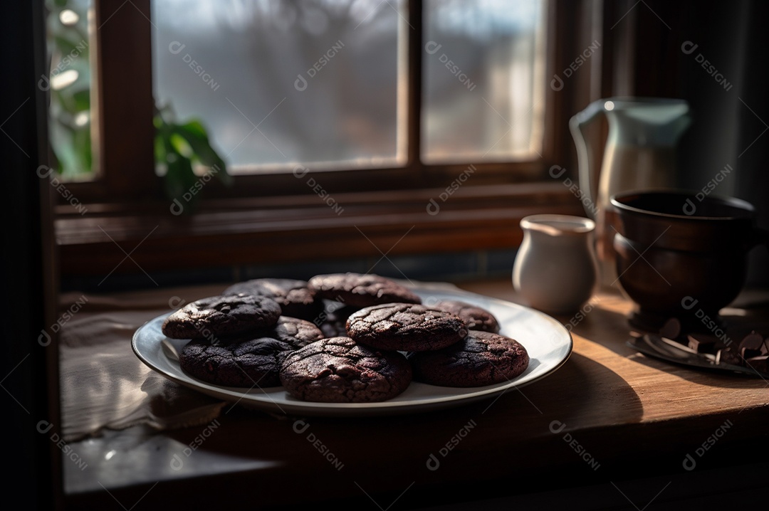 Deliciosos biscoitos de chocolates caseiros na mesa de madeira rústica