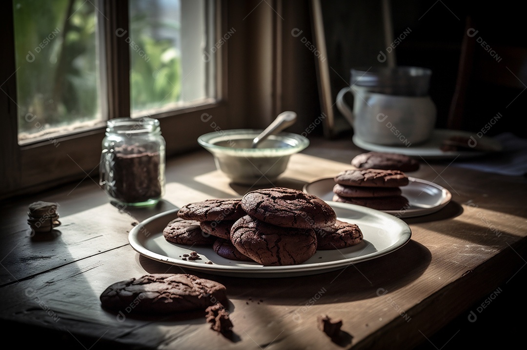 Deliciosos biscoitos de chocolates caseiros na mesa de madeira rústica