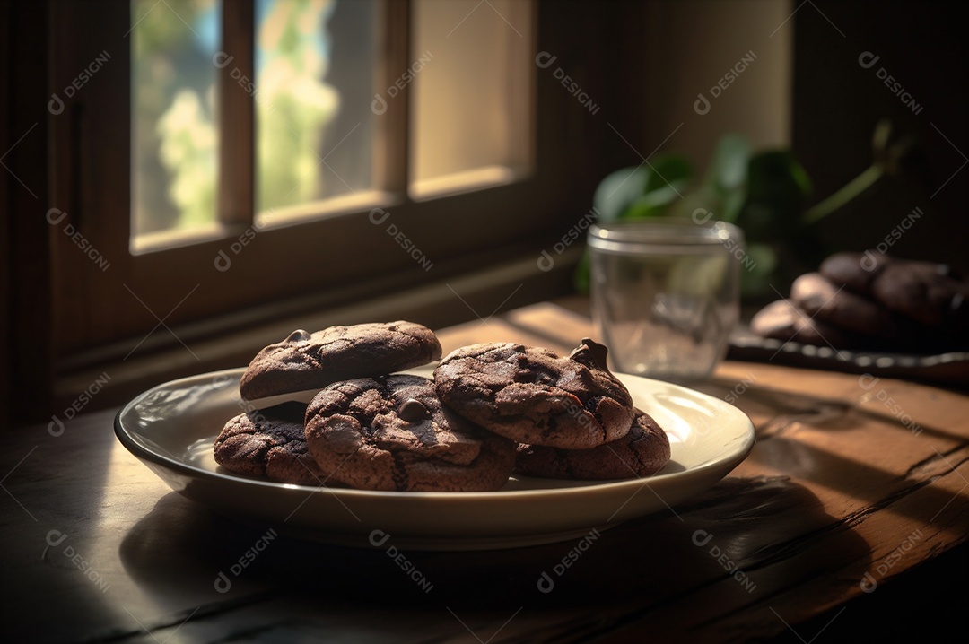 Deliciosos biscoitos de chocolates caseiros na mesa de madeira rústica