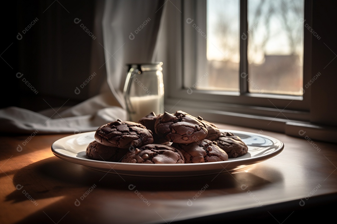 Deliciosos biscoitos de chocolates caseiros na mesa de madeira rústica