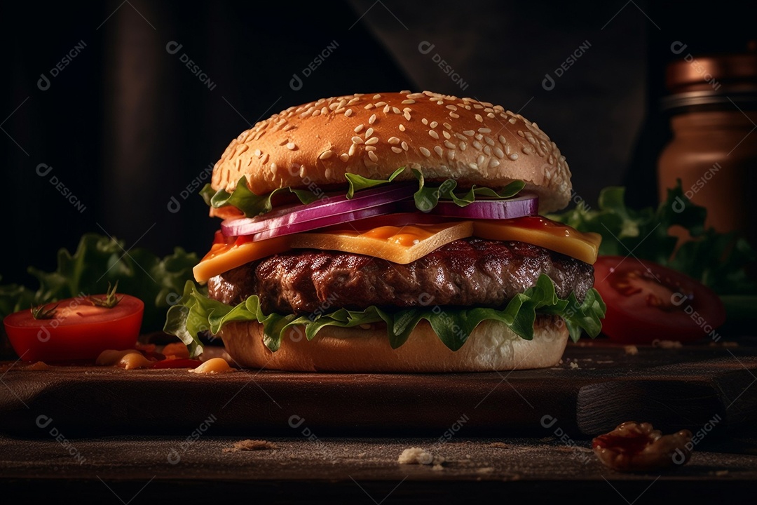 Hambúrguer sobre uma mesa madeira comida