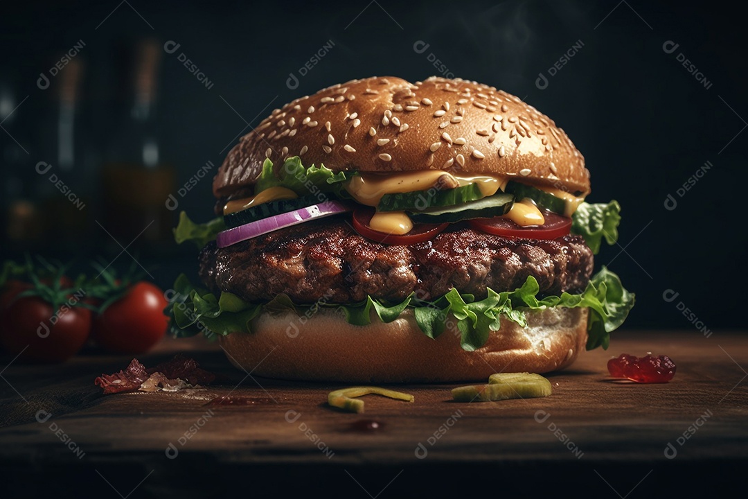 Hambúrguer sobre uma mesa madeira comida