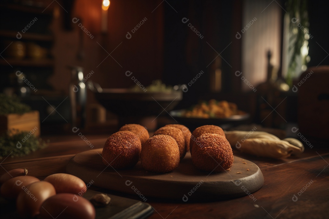 Deliciosos croquetes caseiros na mesa de madeira no fundo da cozinha rústica