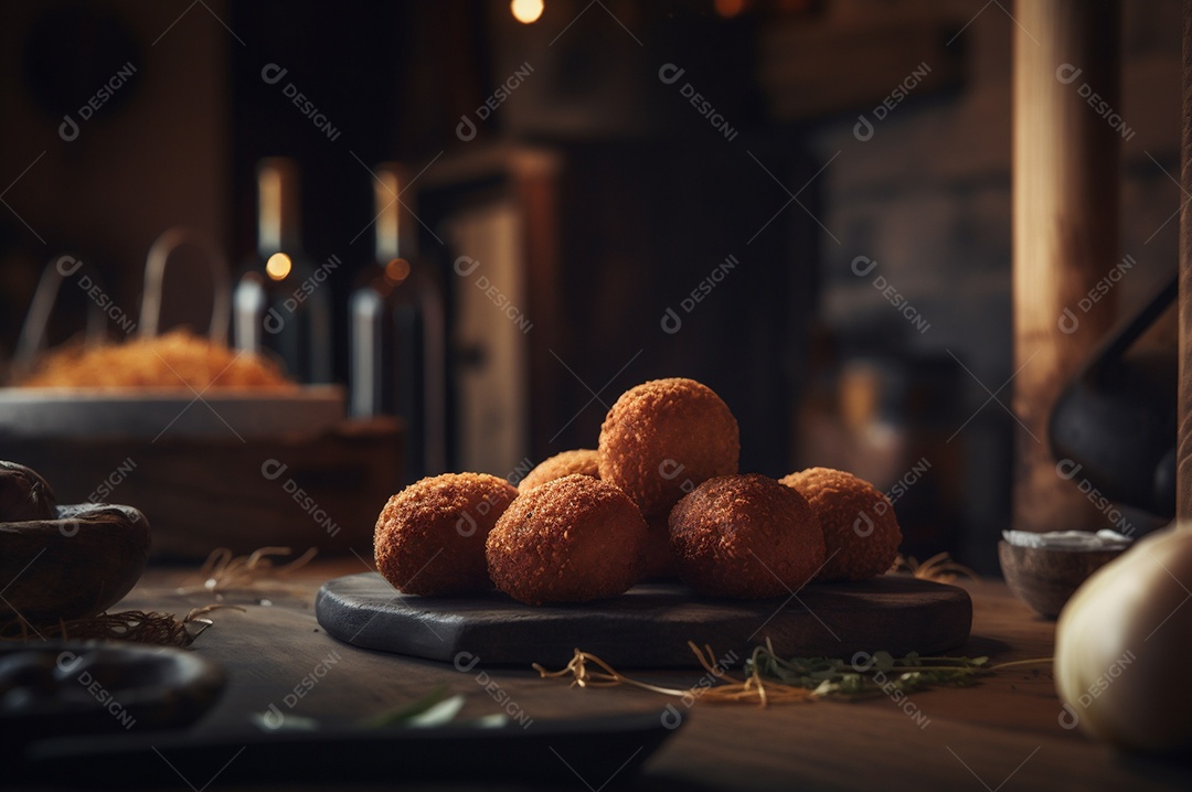 Deliciosos croquetes caseiros na mesa de madeira no fundo da cozinha rústica