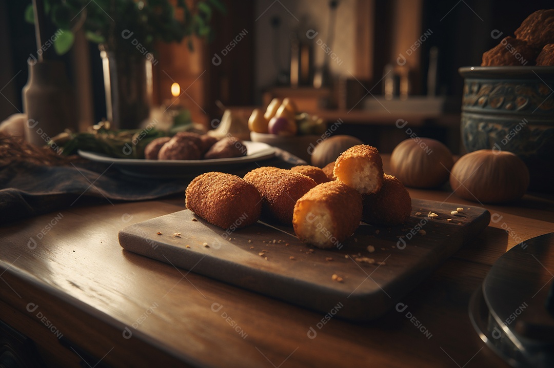 Deliciosos croquetes caseiros na mesa de madeira no fundo da cozinha rústica