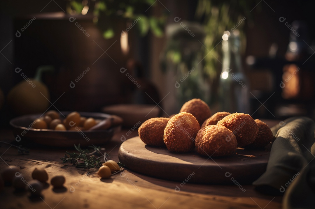 Deliciosos croquetes caseiros na mesa de madeira no fundo da cozinha rústica