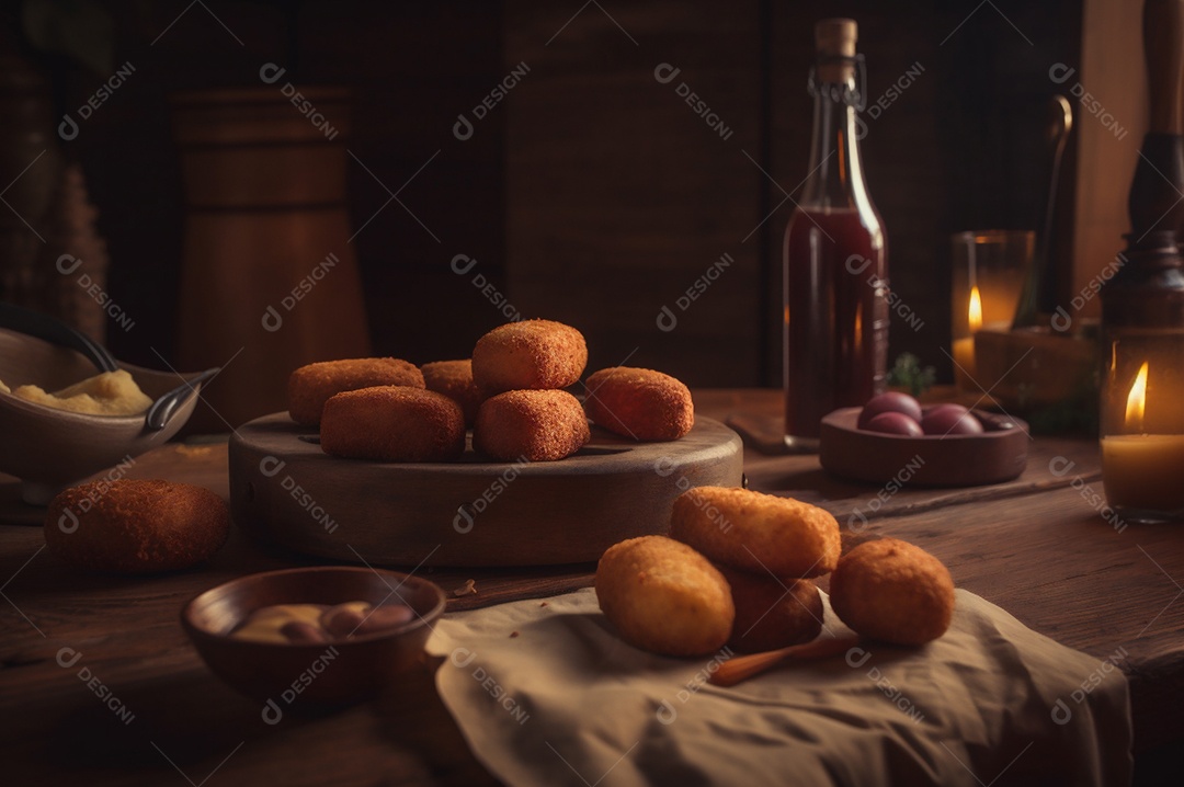 Deliciosos croquetes caseiros na mesa de madeira no fundo da cozinha rústica