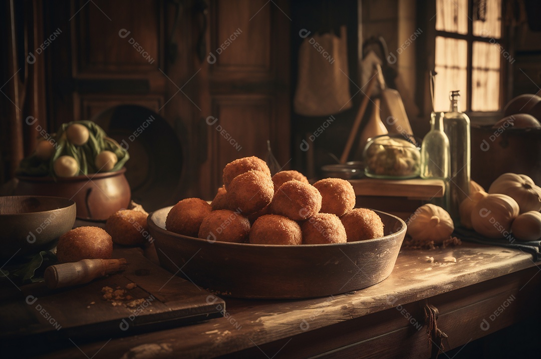 Deliciosos croquetes caseiros na mesa de madeira no fundo da cozinha rústica