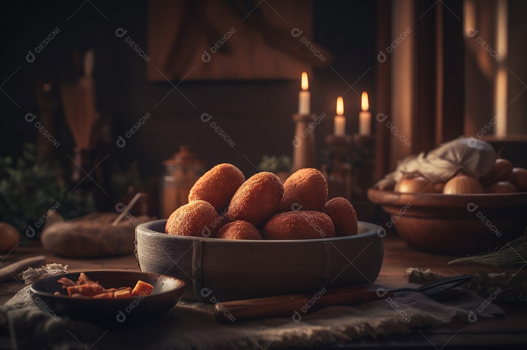 Deliciosos croquetes caseiros na mesa de madeira no fundo da cozinha rústica
