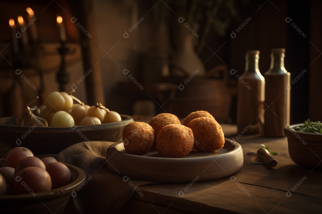 Deliciosos croquetes caseiros na mesa de madeira no fundo da cozinha rústica
