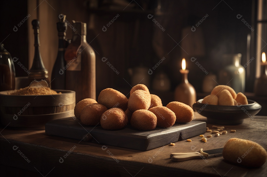 Deliciosos croquetes caseiros na mesa de madeira no fundo da cozinha rústica