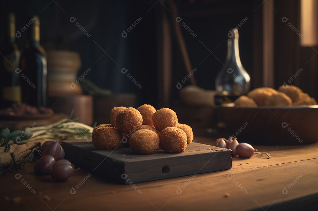 Deliciosos croquetes caseiros na mesa de madeira no fundo da cozinha rústica