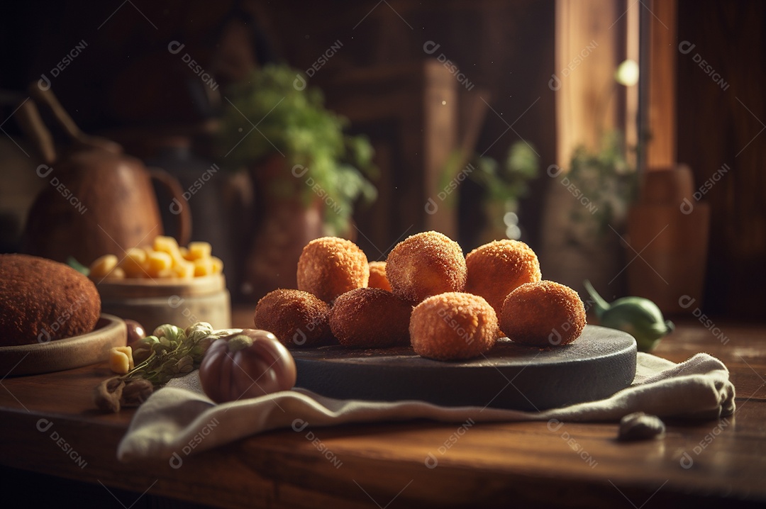 Deliciosos croquetes caseiros na mesa de madeira no fundo da cozinha rústica