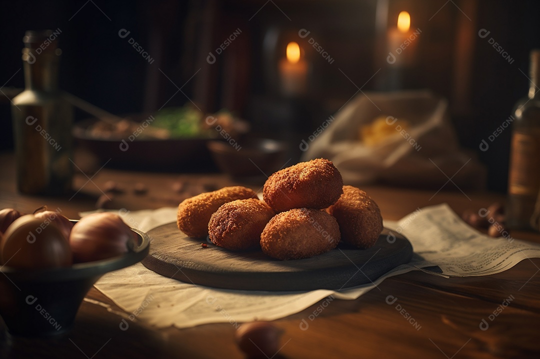 Deliciosos croquetes caseiros na mesa de madeira no fundo da cozinha rústica