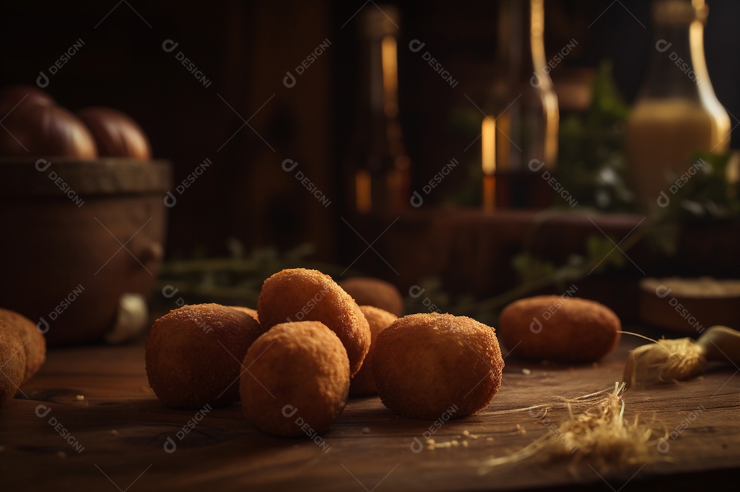 Deliciosos croquetes caseiros na mesa de madeira no fundo da cozinha rústica