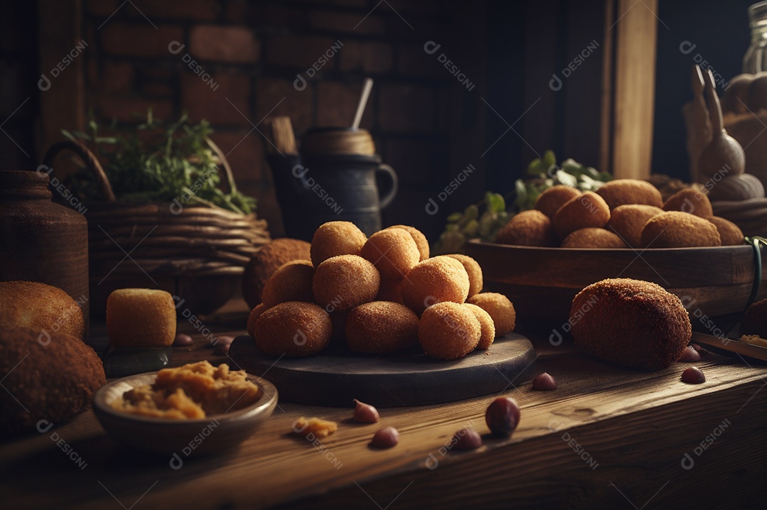 Deliciosos croquetes caseiros na mesa de madeira no fundo da cozinha rústica
