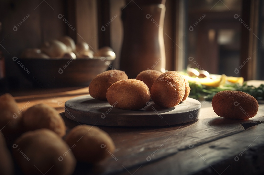 Deliciosos croquetes caseiros na mesa de madeira no fundo da cozinha rústica