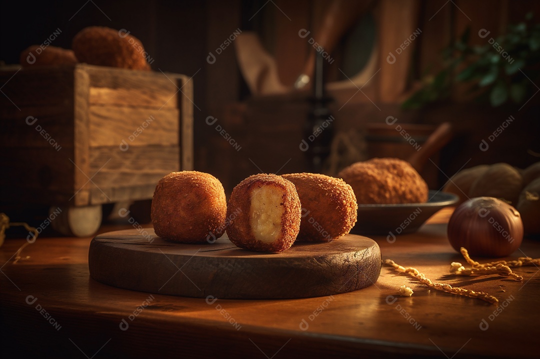 Deliciosos croquetes caseiros na mesa de madeira no fundo da cozinha rústica