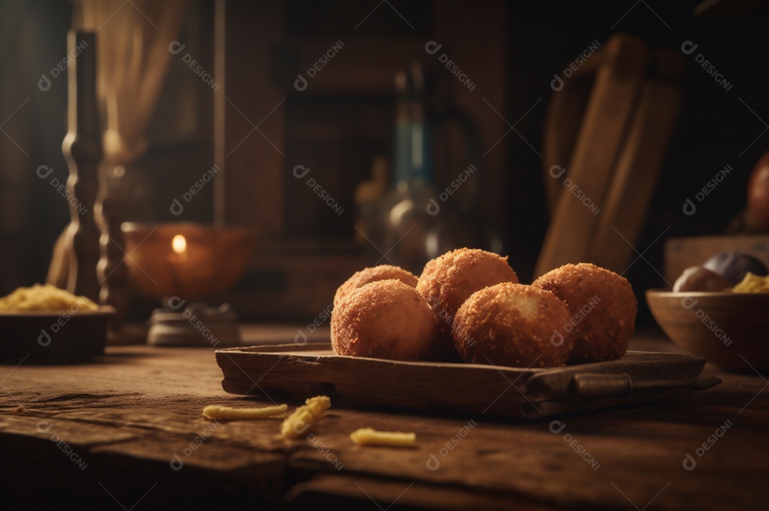 Deliciosos croquetes caseiros na mesa de madeira no fundo da cozinha rústica