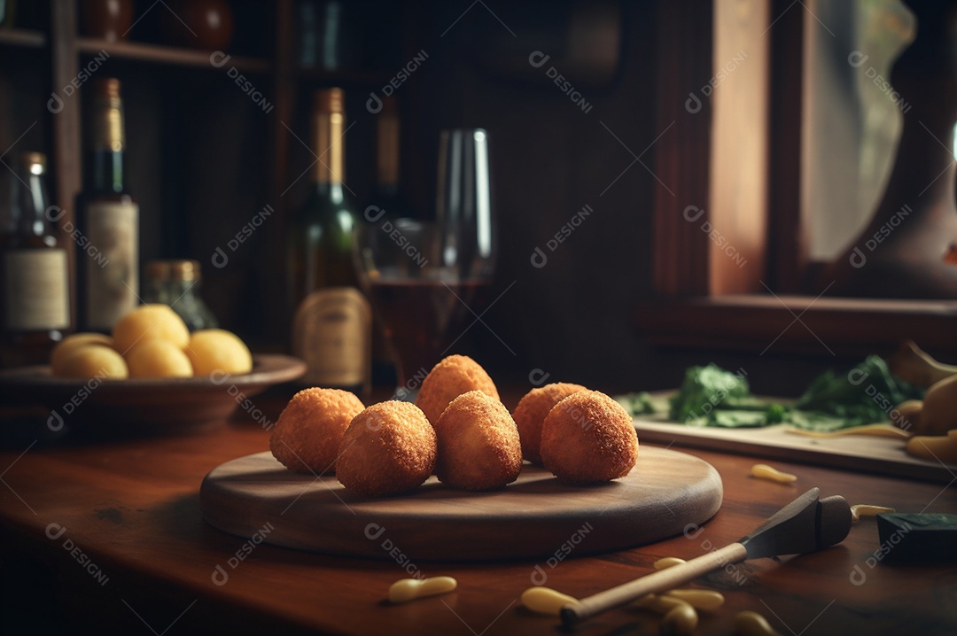 Deliciosos croquetes caseiros na mesa de madeira no fundo da cozinha rústica