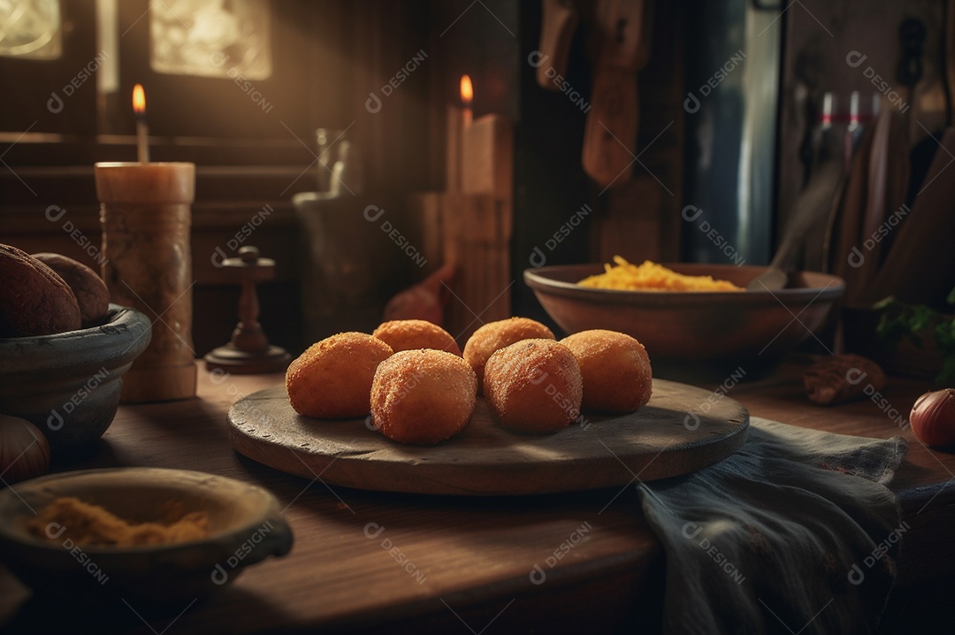 Deliciosos croquetes caseiros na mesa de madeira no fundo da cozinha rústica