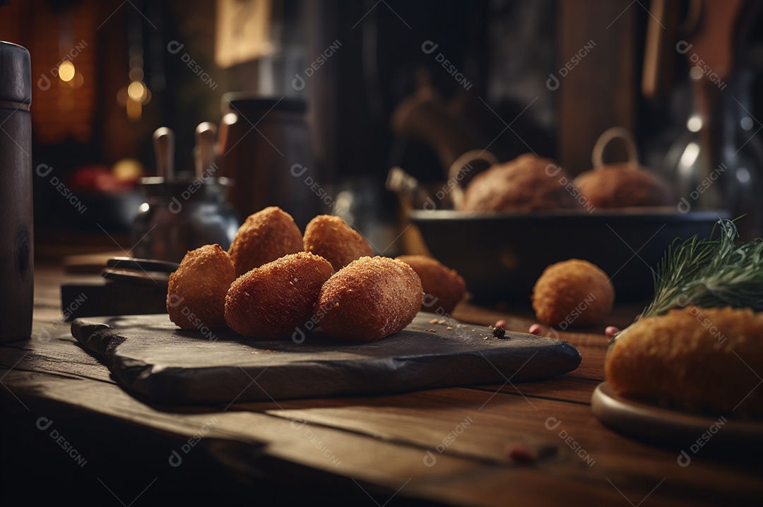 Deliciosos croquetes caseiros na mesa de madeira no fundo da cozinha rústica