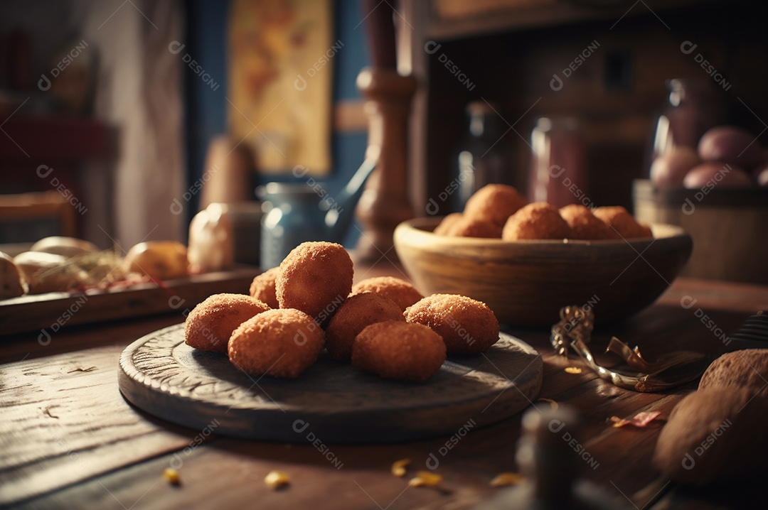 Deliciosos croquetes caseiros na mesa de madeira no fundo da cozinha rústica