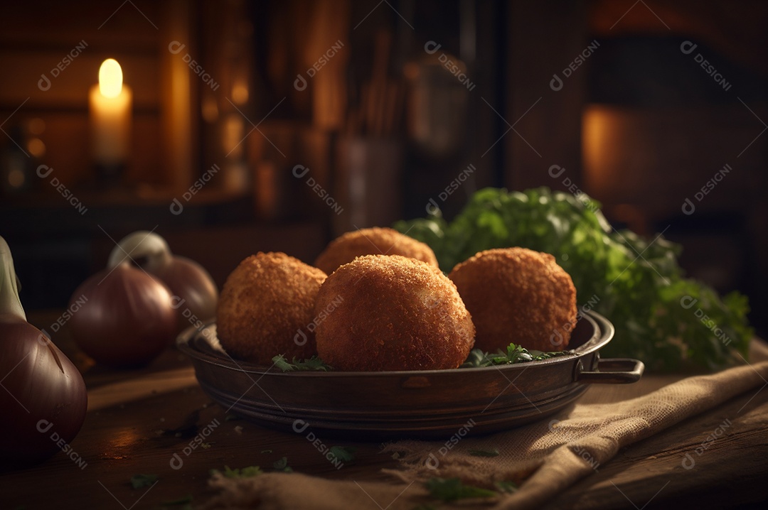 Deliciosos croquetes caseiros na mesa de madeira no fundo da cozinha rústica