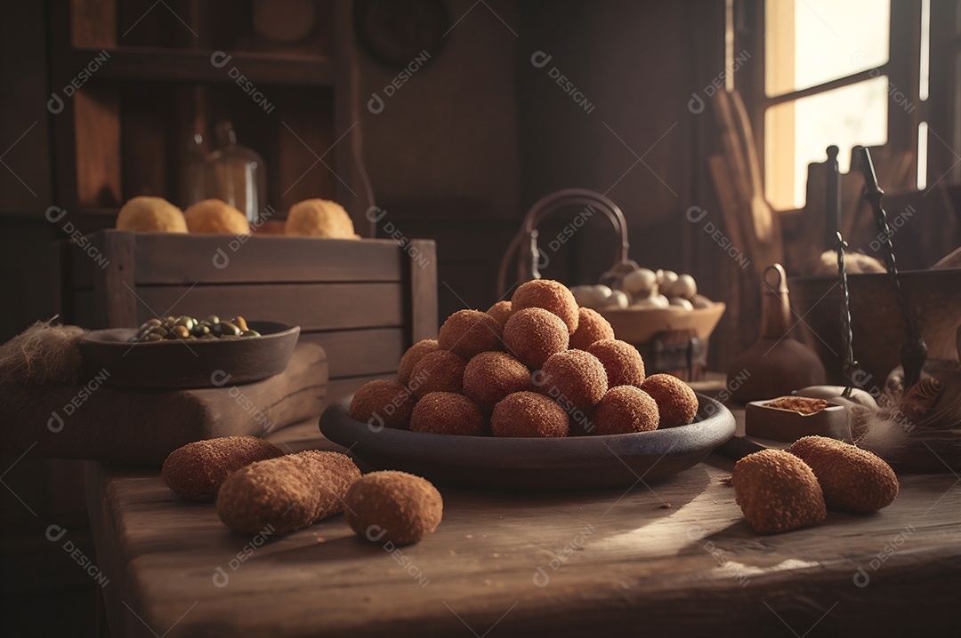 Deliciosos croquetes caseiros na mesa de madeira no fundo da cozinha rústica